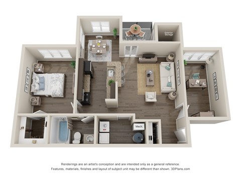 A 3D floor plan of a house with two bedrooms, a living room, a kitchen, a bathroom, and a dining area.